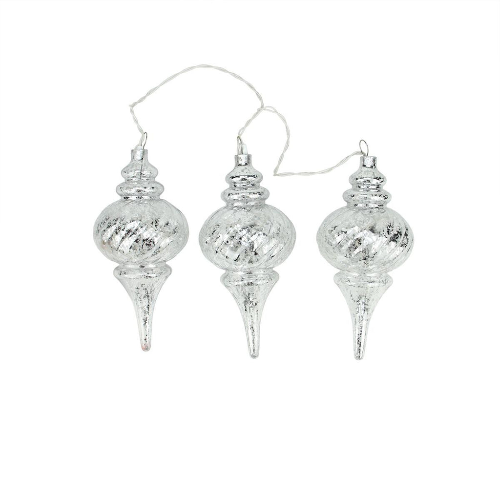 Set of 3 Lighted Silver Mercury Glass Finish Finial Christmas Ornaments - Clear Lights