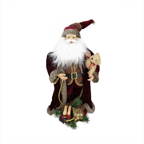 24" Noble Standing Santa Claus in Burgundy Robe Christmas Figure with Teddy Bear and Gift Bag