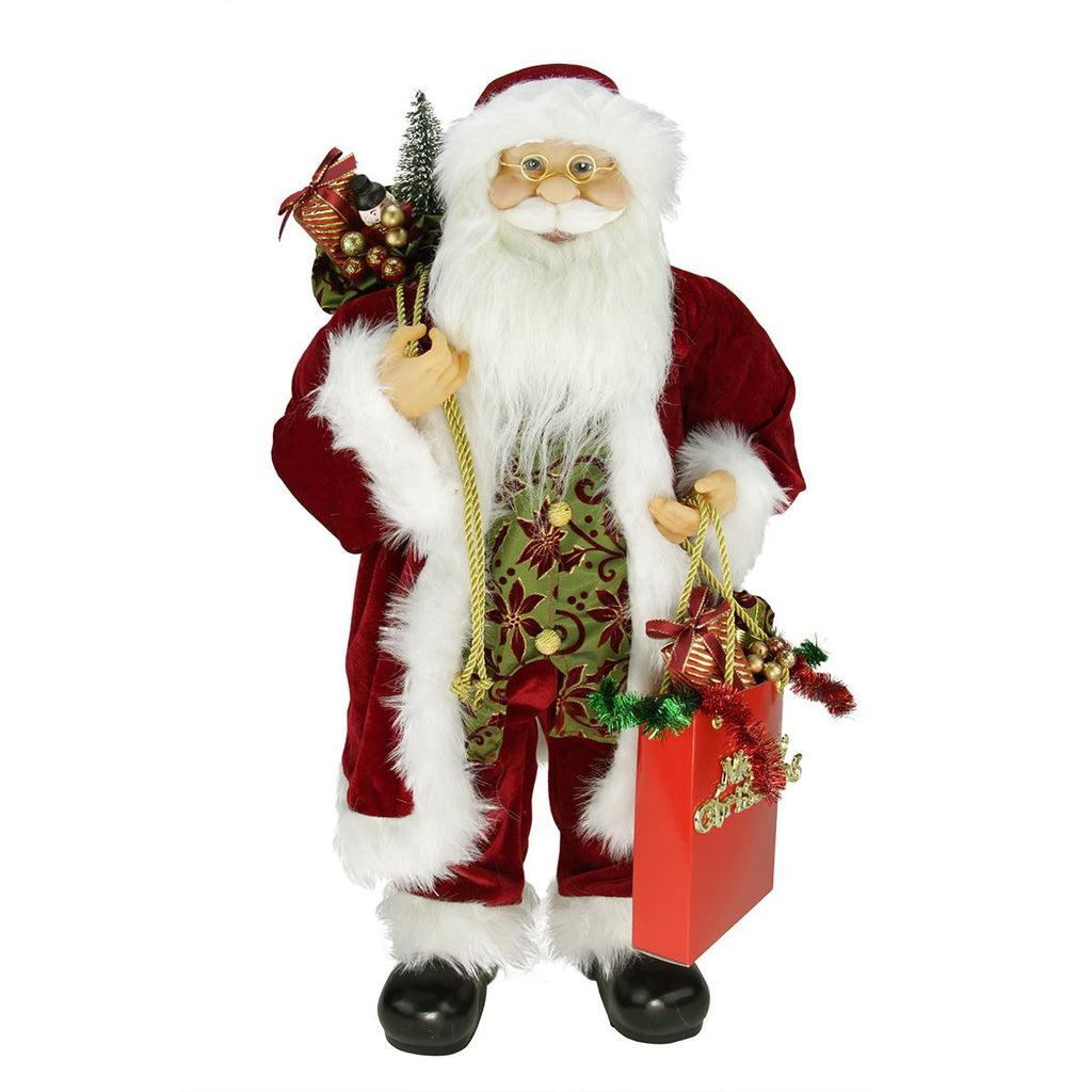 24" Poinsettia Standing Santa Claus Figure with "Merry Christmas" Gift Bag