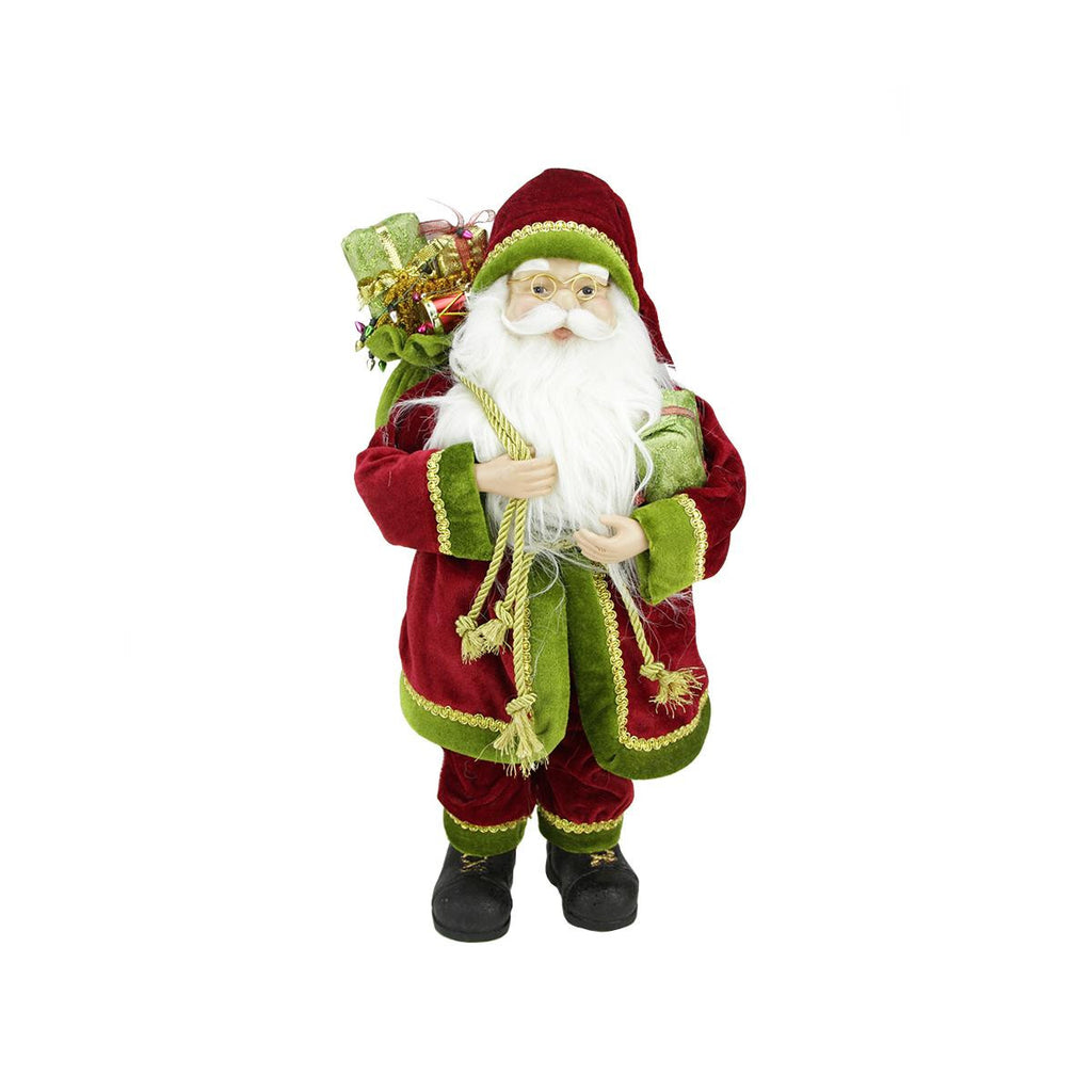 16" Grand Imperial Red, Green and Gold Standing Santa Claus Christmas Figure with Gift Bag