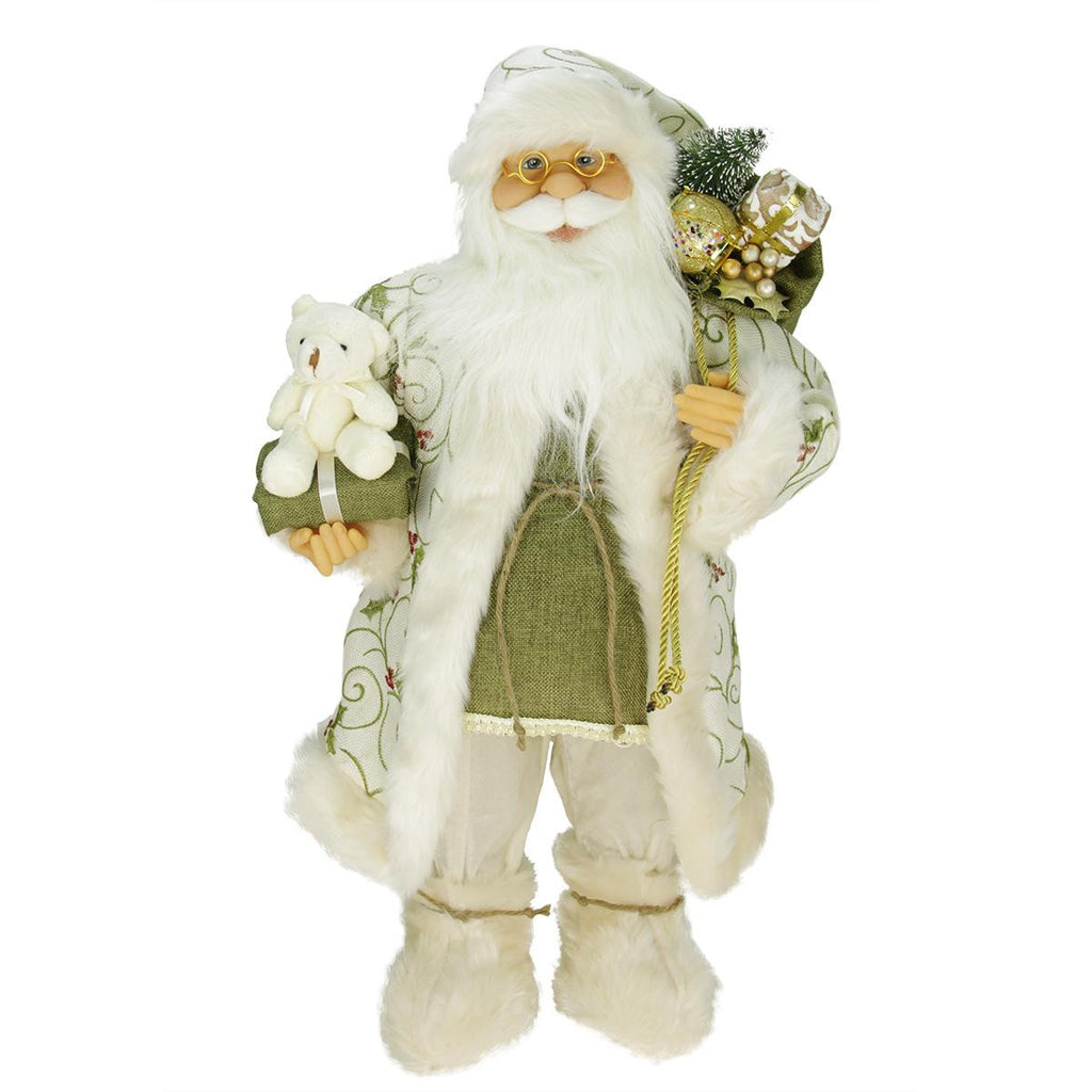 24" Graceful Standing Santa Claus Christmas Figure in Ivory with Teddy Bear