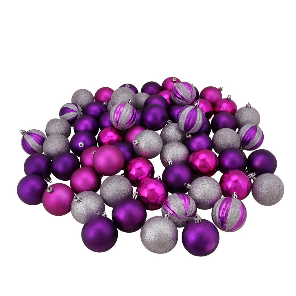 64ct Pink, Purple and Silver 3-Finish Shatterproof Ball Christmas Ornaments 2.5" (60mm)