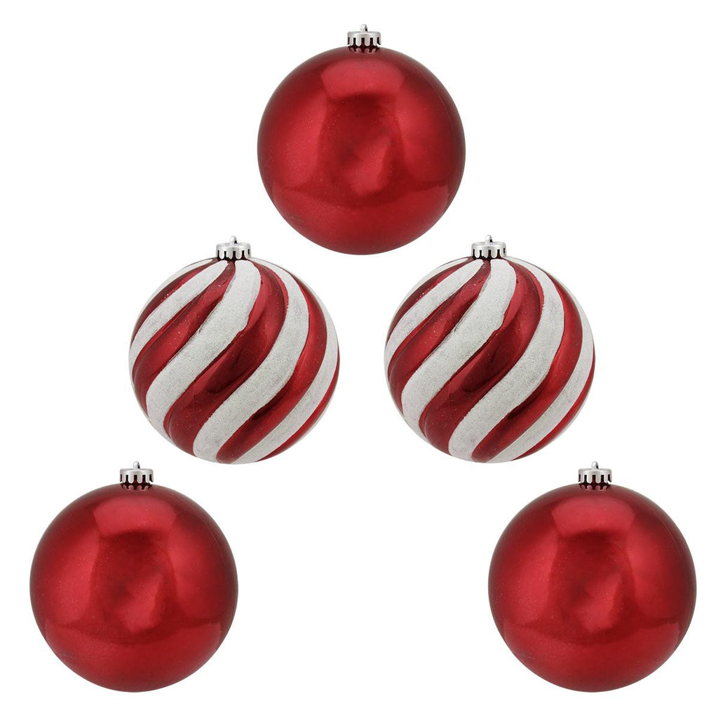 5ct Shiny Red and White Stripe Glittered Shatterproof Ball Christmas Ornaments 6" (150mm)