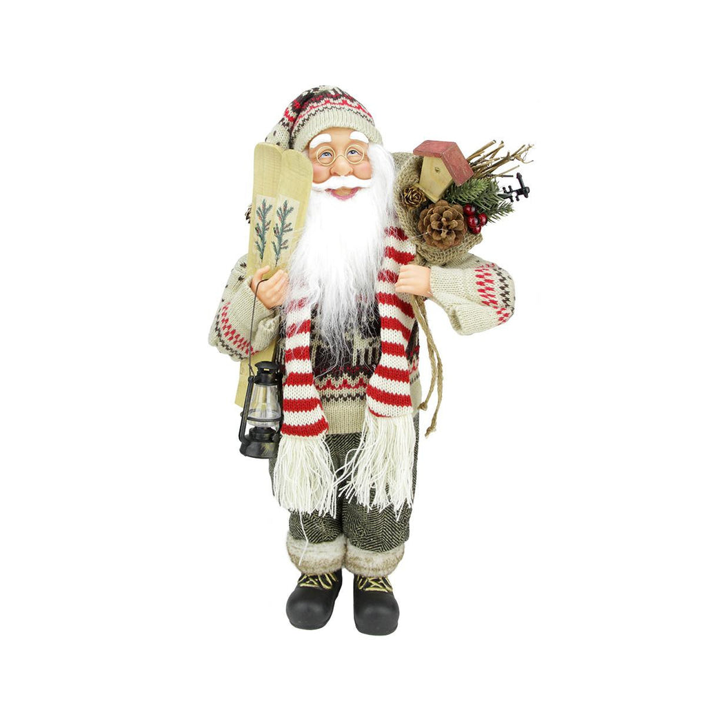 18" Standing Santa Claus in Knit Sweater Christmas Figure with Skis and Lantern