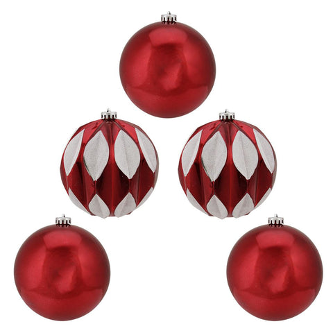 5ct Shiny Red and White Leaf Glittered Shatterproof Ball Christmas Ornaments 6" (150mm)