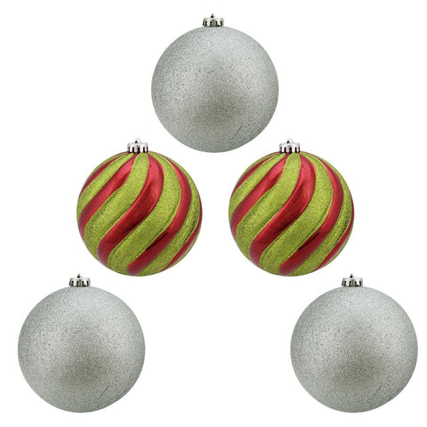 5ct Shiny Red, Green and Silver Glitter Shatterproof Ball Christmas Ornaments 6" (150mm)