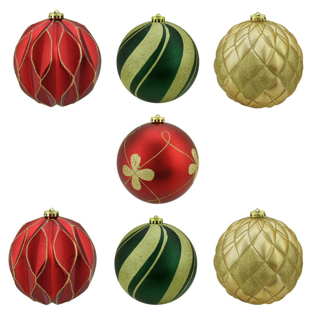 7ct Matte and Glitter Red, Gold and Green Earthy Shatterproof Ball Christmas Ornaments 6" (150mm)