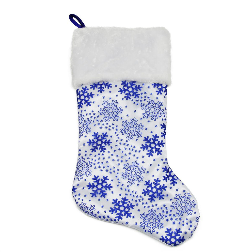 20" White and Blue Glittered Snowflake Christmas Stocking with Faux Fur Cuff