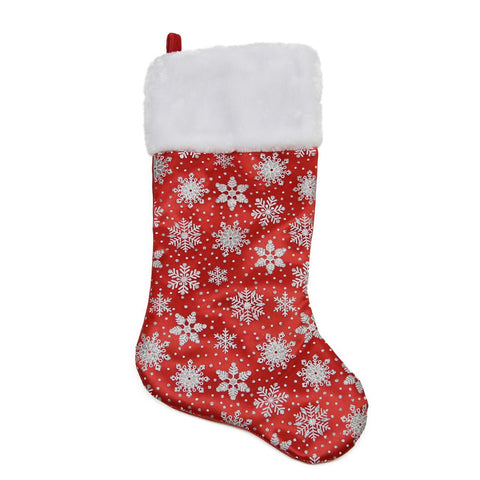 20" Red Glittered Snowflake Christmas Stocking with White Faux Fur Cuff