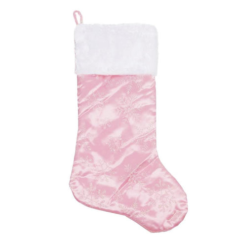 20" Light Pink Glittered Snowflake Christmas Stocking with White Faux Fur Cuff