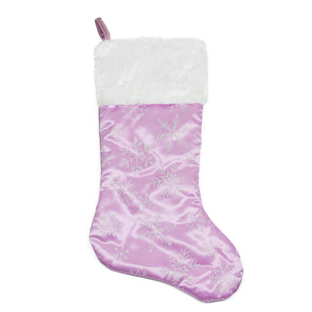 20" Light Purple Glittered Snowflake Christmas Stocking with White Faux Fur Cuff