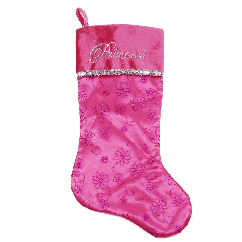 20" Pink and Silver Glittered "Princess" Flower Christmas Stocking with Shadow Velveteen Cuff