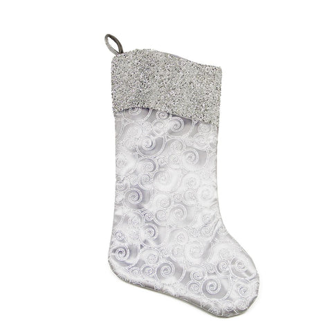 20" Silver and White Glittered Swirl Christmas Stocking with Metallic Cuff