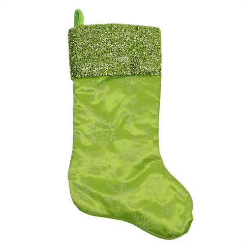 20" Green Iridescent Glittered Snowflake Christmas Stocking with Metallic Cuff