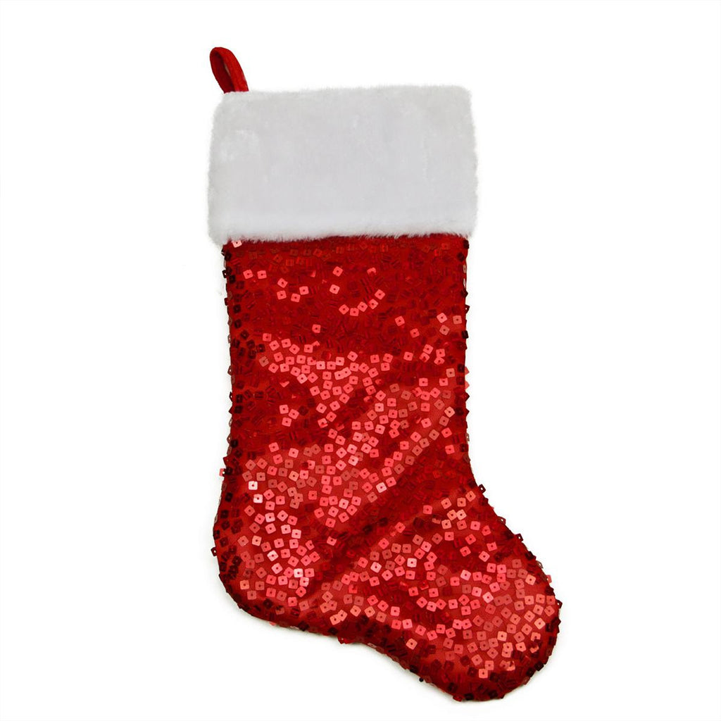 20" Shiny Red Holographic Sequined Christmas Stocking with White Faux Fur Cuff