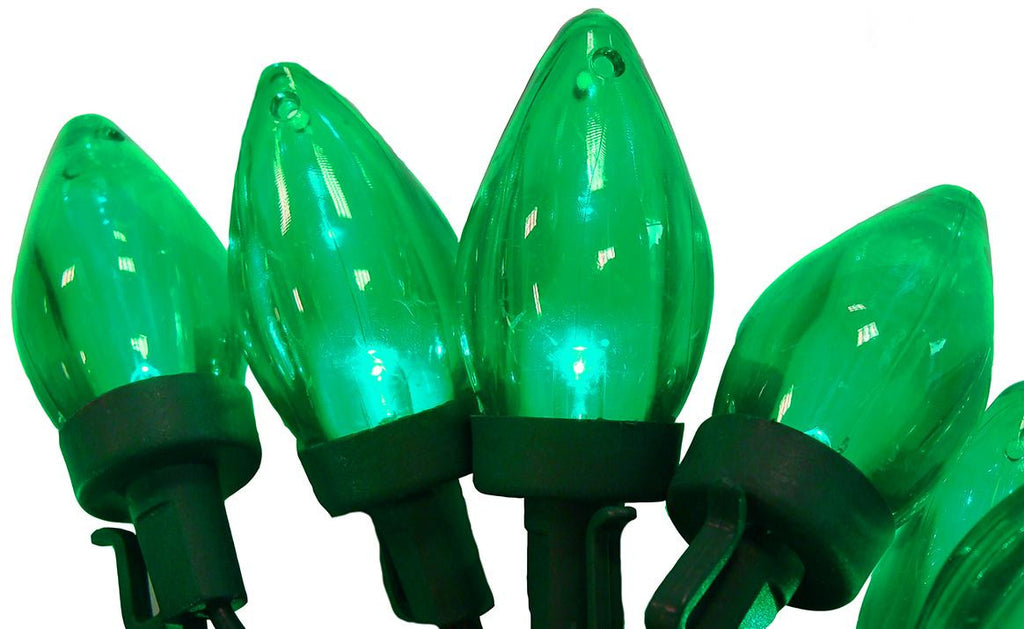 Set of 50 Transparent Green LED C7 Christmas Lights 4" Spacing - Green Wire