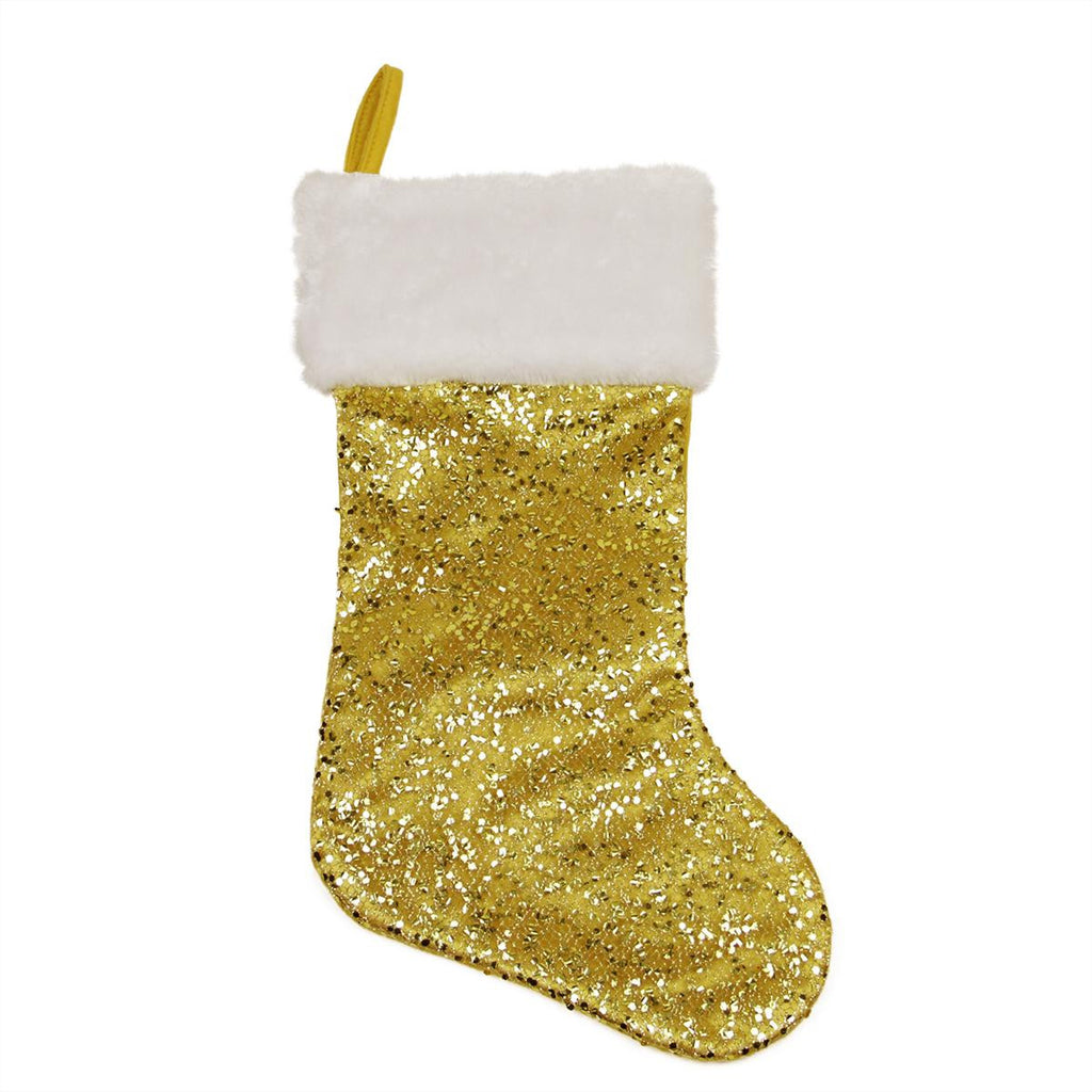 18" Shiny Metallic Gold Sequined Christmas Stocking with White Faux Fur Cuff