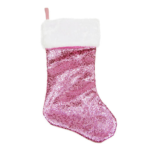 18" Shiny Metallic Light Pink Sequined Christmas Stocking with White Faux Fur Cuff