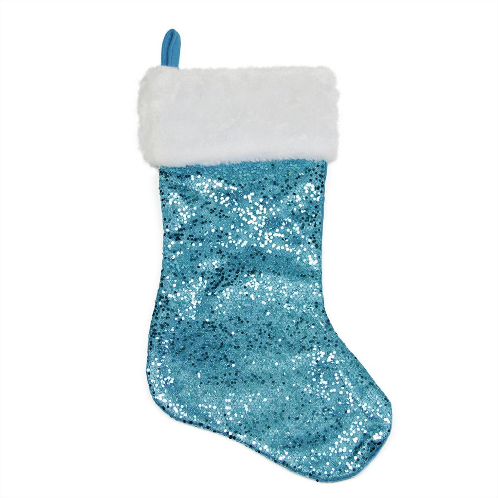 18" Shiny Metallic Light Blue Sequined Christmas Stocking with White Faux Fur Cuff