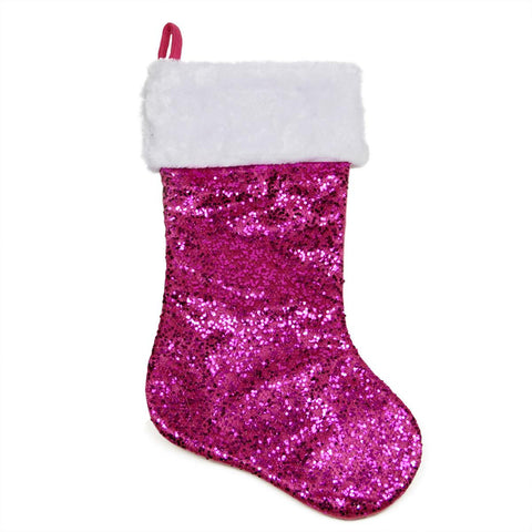 18" Shiny Metallic Pink Sequined Christmas Stocking with White Faux Fur Cuff