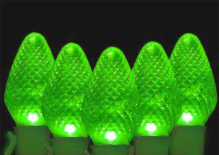 Set of 100 Faceted Transparent Green LED C7 Christmas Lights - Green Wire