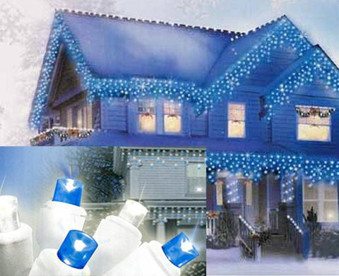 Set of 70 Pure White and Blue LED Icicle Christmas Lights - White Wire