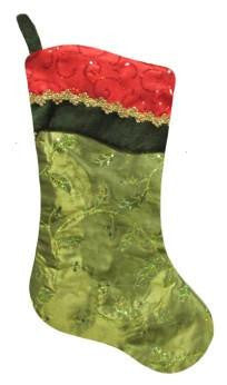 20" Red and Green Leaf Christmas Stocking with Wavy Sequined Cuff