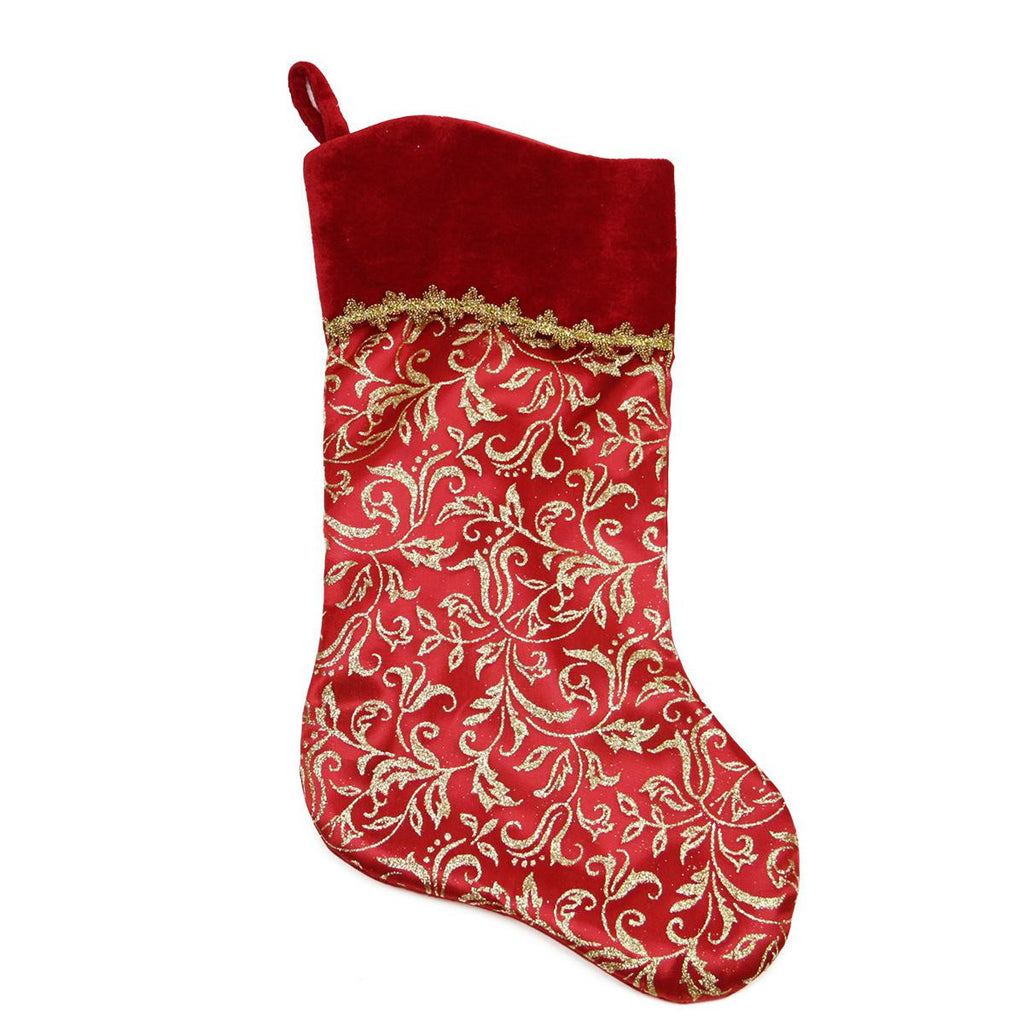 20" Red and Gold Glittered Leaf Flourish Christmas Stocking with Shadow Velveteen Cuff