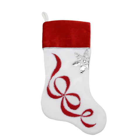 20" Red and White Velveteen Christmas Stocking with Bow and Snowflake