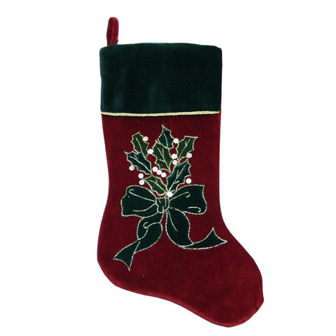 20" Burgundy Red and Dark Green Velveteen Christmas Stocking with Bow and Holly Berry