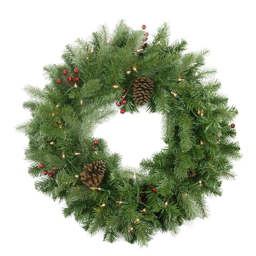 24" Pre-lit Noble Fir with Red Berries and Pine Cones Artificial Christmas Wreath - Clear Lights