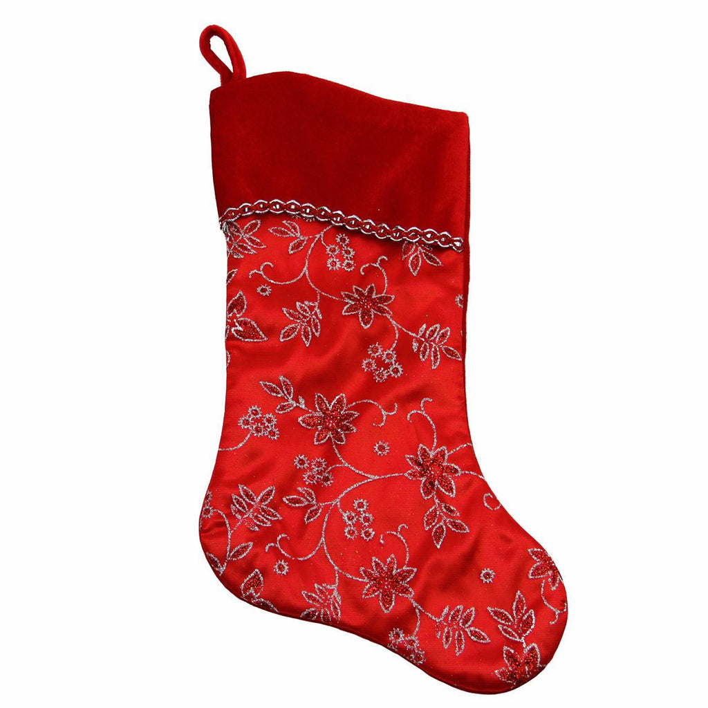 20" Red and Silver Glittered Floral Christmas Stocking with Shadow Velveteen Cuff