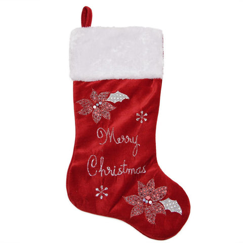 20" Embroidered Red Velveteen Poinsettia "Merry Christmas" Stocking with White Faux Fur Cuff