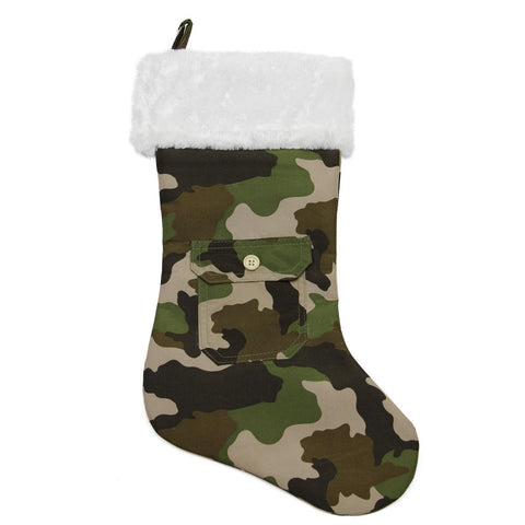 18" Army Camouflage Christmas Stocking with Pocket and White Faux Fur Cuff