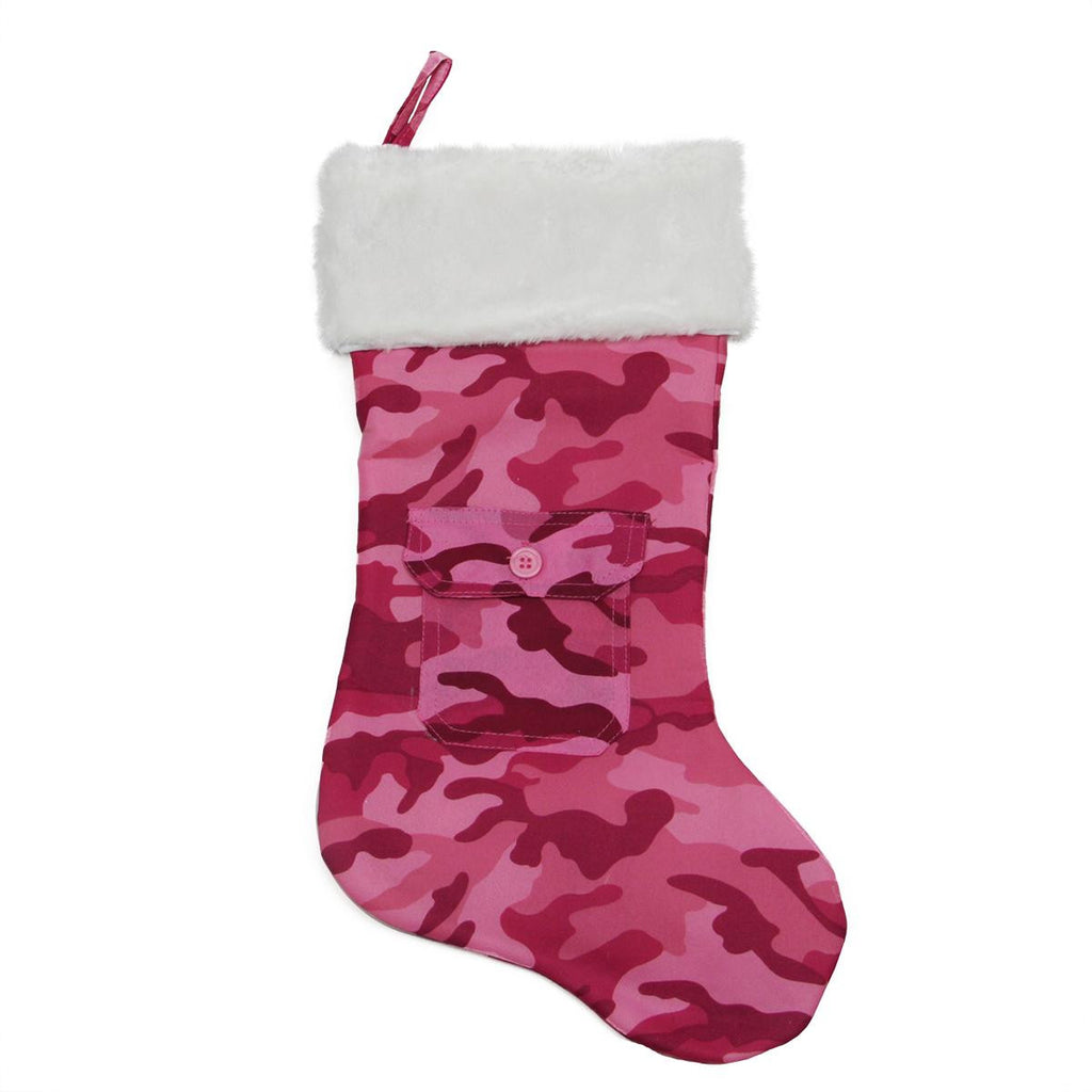 18" Pink Army Camouflage Christmas Stocking with Pocket and White Faux Fur Cuff