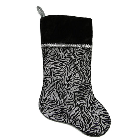 20" Black and Silver Metallic Zebra Print Christmas Stocking with Shadow Velveteen Cuff