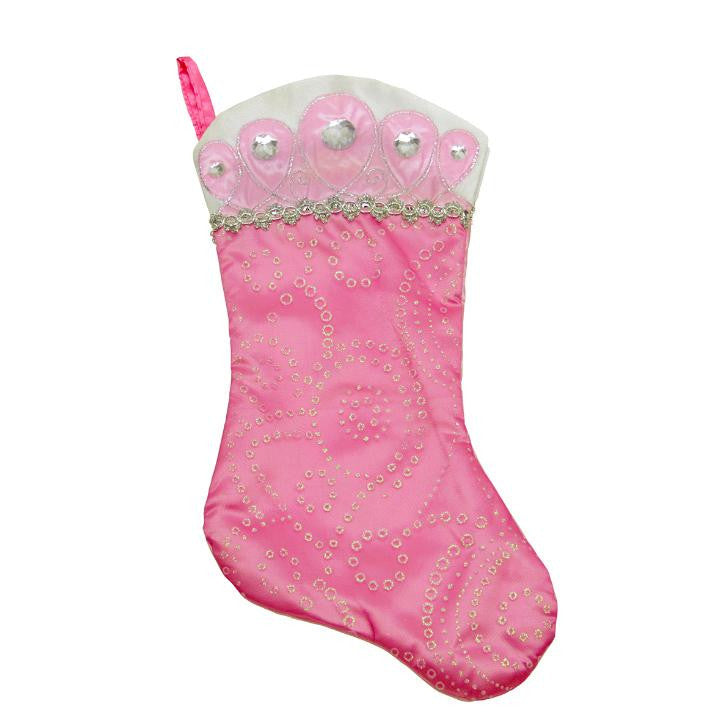 18" Pink Iridescent Glittered Christmas Stocking with Jeweled Tiara Cuff