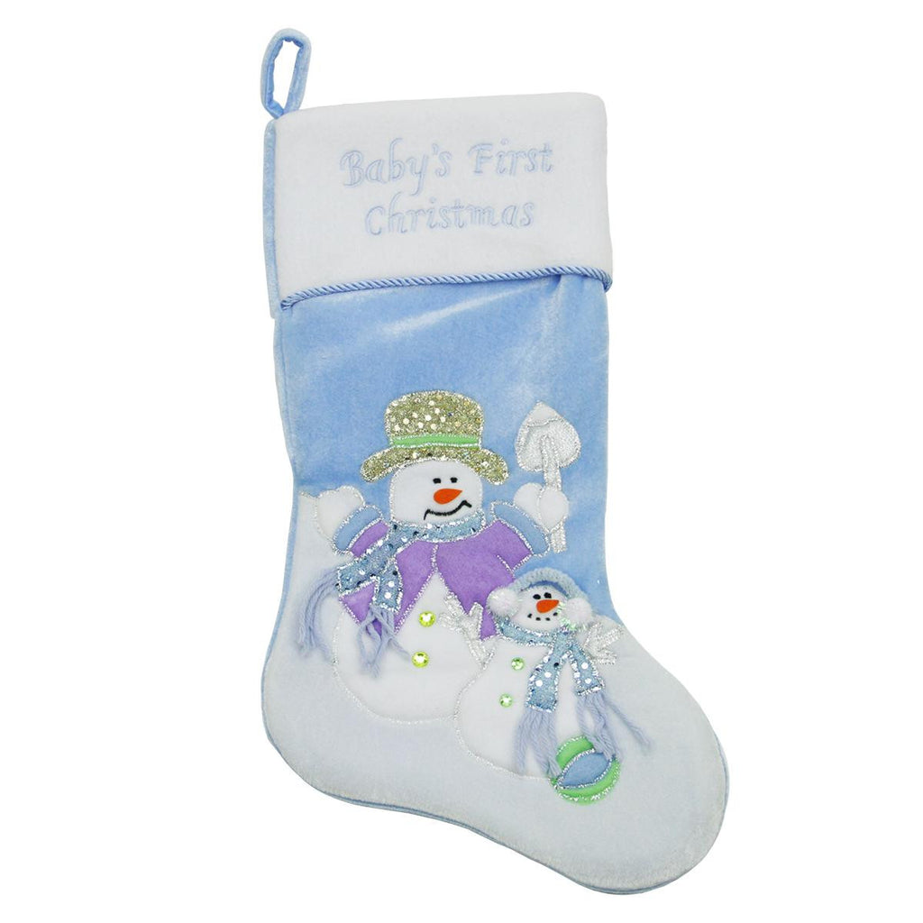 20" Light Blue "Baby's First Christmas" Velveteen Snowman Christmas Stocking