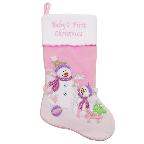 20" Light Pink "Baby's First Christmas" Velveteen Snowman Christmas Stocking