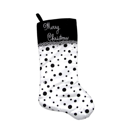 20" Black and White Glittered Polka Dot "Merry Christmas" Stocking with Shadow Velveteen Cuff