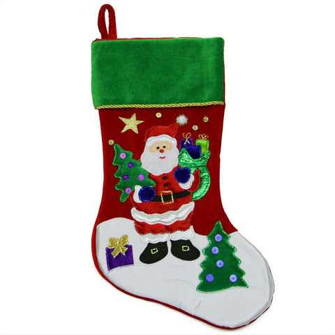 18" Red Velveteen Santa Claus Sequined Christmas Stocking with Green Cuff