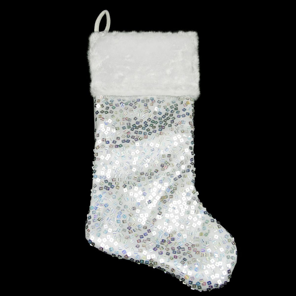 20" Shiny Silver Holographic Sequined Christmas Stocking with White Faux Fur Cuff