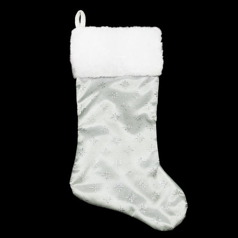 20" Silver Iridescent Glittered Snowflake Christmas Stocking with White Faux Fur Cuff