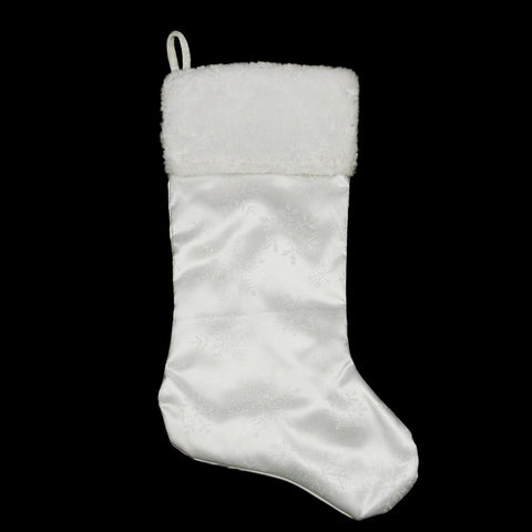 20" White Iridescent Glittered Snowflake Christmas Stocking with White Faux Fur Cuff