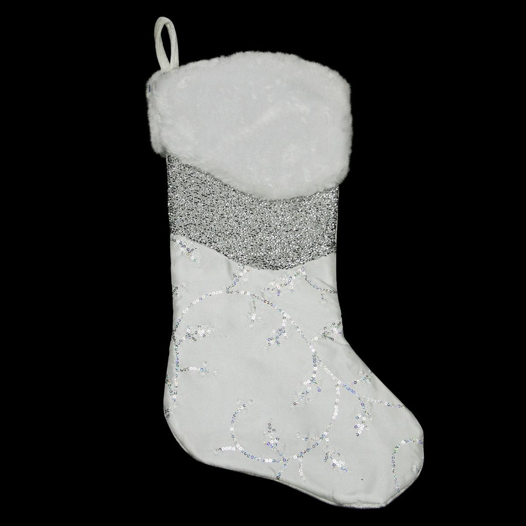 19" White and SIlver Iridescent Sequined Leaf Christmas Stocking with Faux Fur Cuff