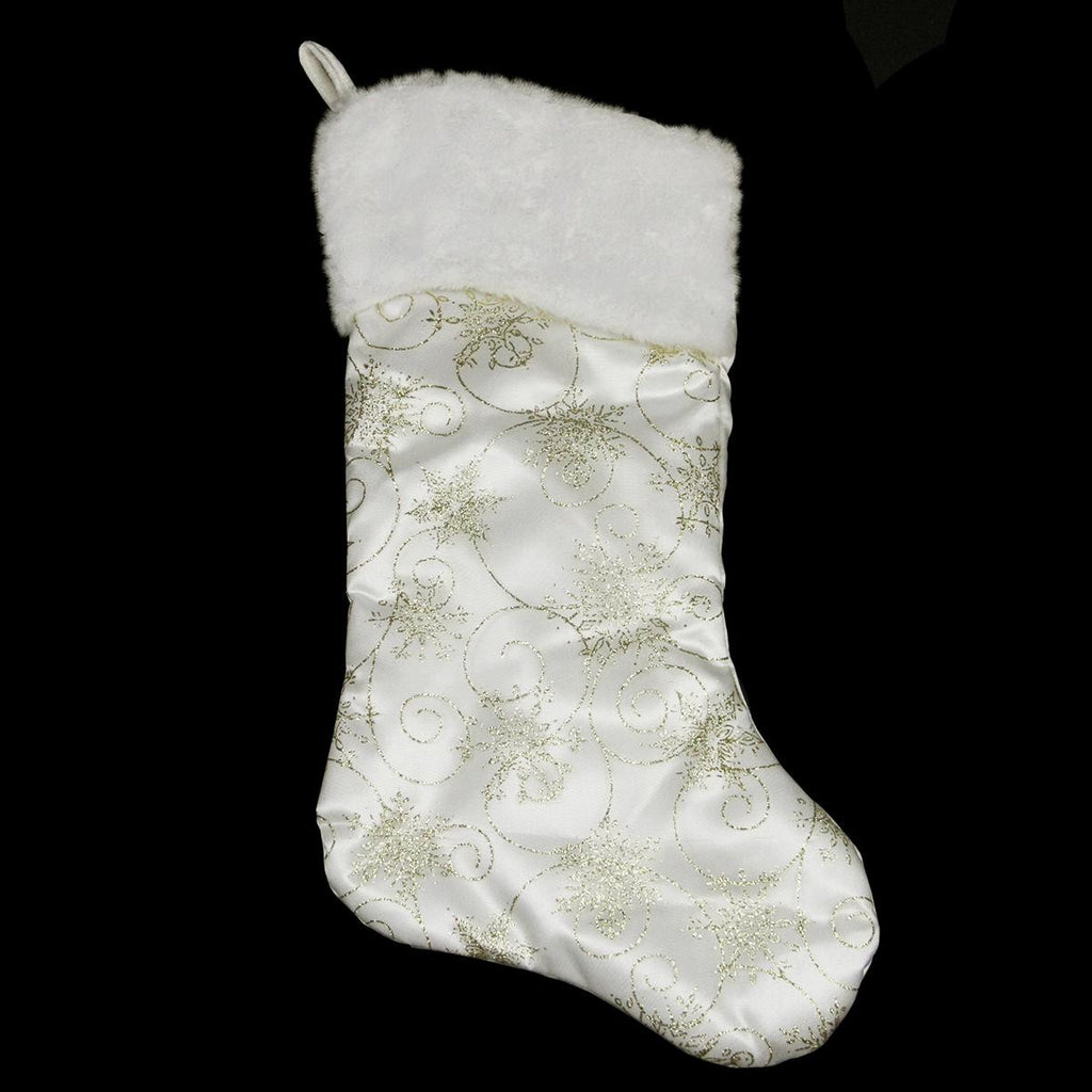 20" White and Gold Glittered Snowflake Christmas Stocking with Faux Fur Cuff