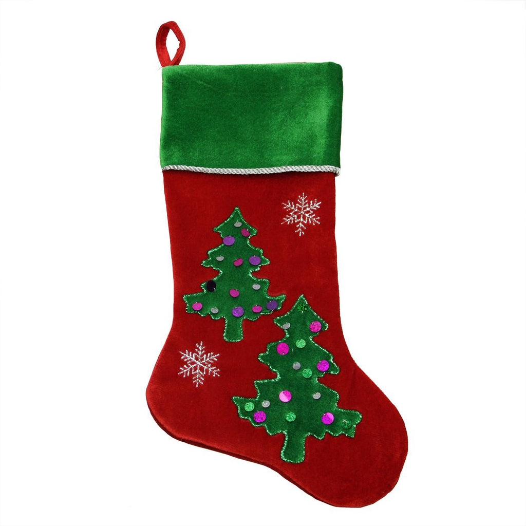 20" Red Velveteen Sequined Christmas Tree Stocking with Green Cuff