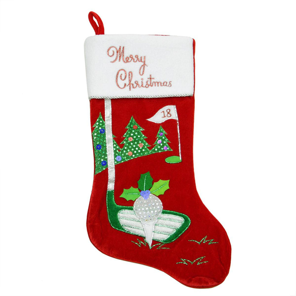 18" Red Velveteen Golf Themed Christmas Stocking with White Embroidered Cuff