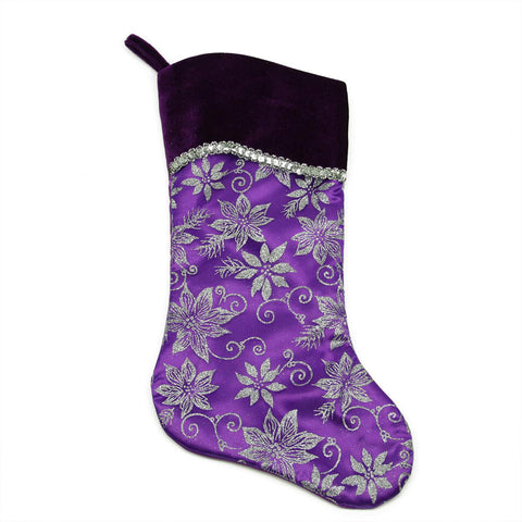 20" Purple and Silver Glittered Floral Christmas Stocking with Shadow Velveteen Cuff