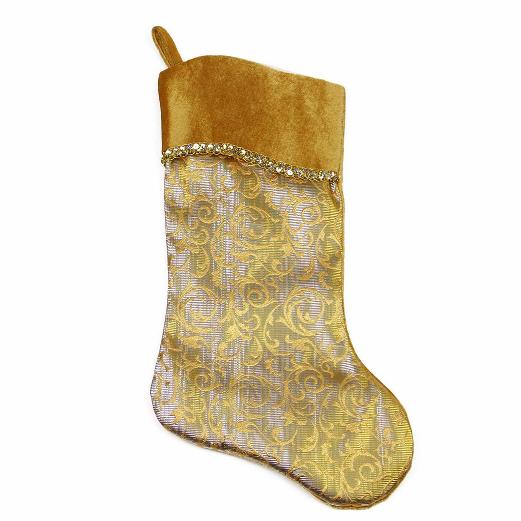 20" Two-Toned Metallic Gold Flourish Christmas Stocking with Wavy Gold Cuff